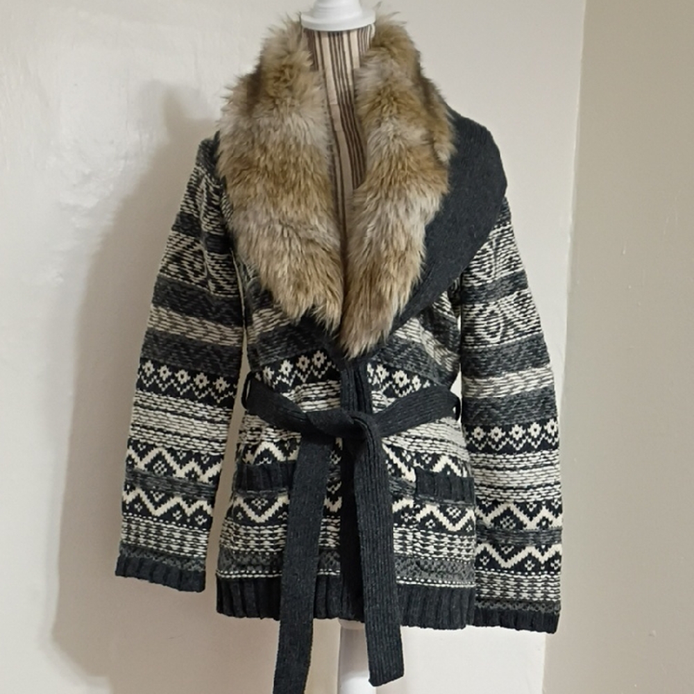 Juicy Couture Gray & White Wool Blend Knit Cardigan Removable Faux Fur Collar M